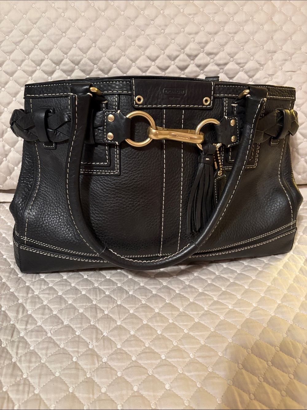 Coach Pebbled Black Leather Tote Handbag with Gold Hardware